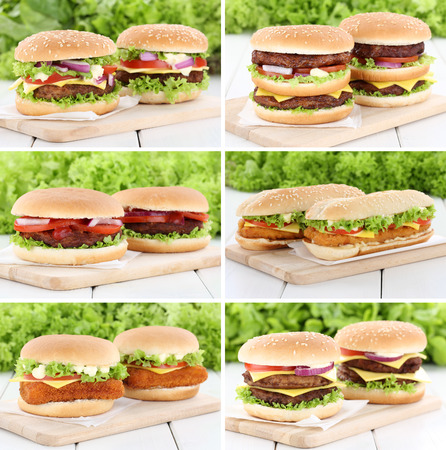 Hamburger collection set cheeseburger fresh beef tomatoes lettuce cheese unhealthyの写真素材