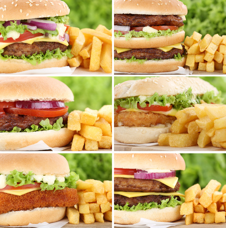 Hamburger collection set cheeseburger with fries closeup close up tomatoes cheese unhealthyの写真素材