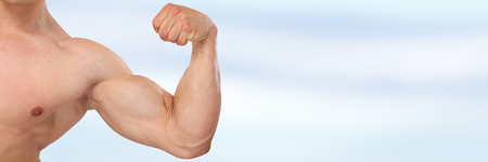 Biceps muscles strength strong power bodybuilder bodybuilding copyspace muscular man copy spaceの写真素材