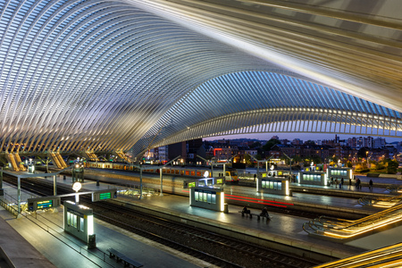 Liege, Belgium - May 9, 2017: Liege Guillemins train railway station at twilight by Santiago Calatrava in Belgium.のeditorial素材