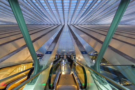 Liege, Belgium - May 9, 2017: Liege Guillemins train railway station at twilight by Santiago Calatrava in Belgium.のeditorial素材