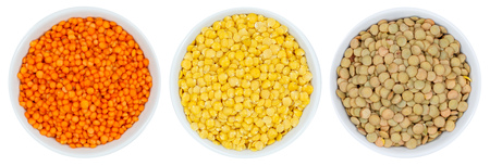 Lentils collection raw from above bowl isolated on a white background
