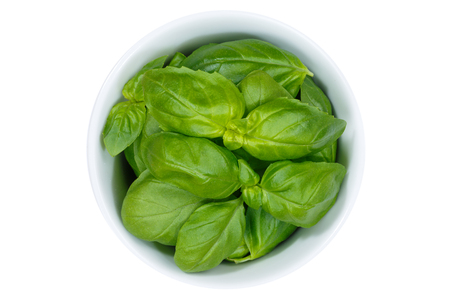 Basil herbs herb from above bowl isolated on a white backgroundの写真素材