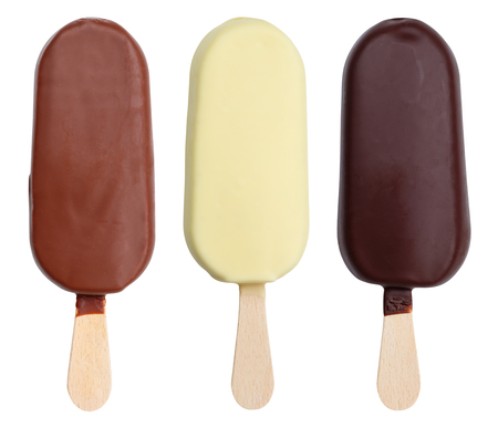Chocolate covered ice cream collection on a stick icecream ice-cream summer isolated on a white backgroundの写真素材