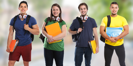 Group of students study education town banner young people city