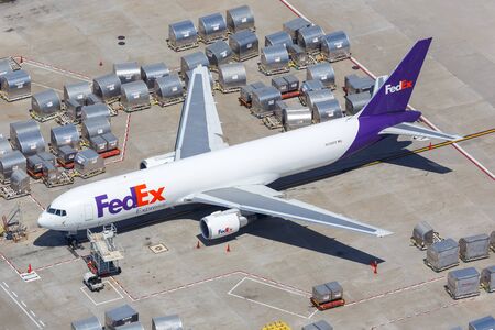 Los Angeles, California â€“ April 14, 2019: Aerial view of FedEx Express Boeing 767-300F...
