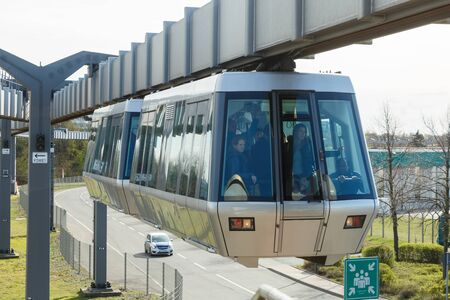 Dusseldorf, Germany â€“ March 24, 2019: SkyTrain suspension railway at Dusseldorf Airport (DUS)...