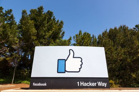 Menlo Park, California â€“ April 10, 2019: Facebook headquarters HQ with the thumbs up like...