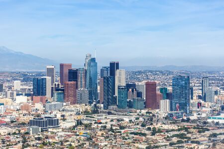 Los Angeles, California â April 14, 2019: Downtown skyline city cityscape in Los Angeles, California.のeditorial素材