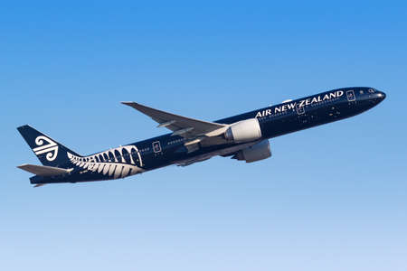 Frankfurt, Germany â April 7, 2020: Air New Zealand Boeing 777-300ER airplane at Frankfurt airport (FRA) in Germany. Boeing is an American aircraft manufacturer headquartered in Chicago.のeditorial素材