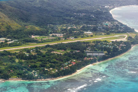 Praslin, Seychelles â February 7, 2020: Runway at Praslin airport (PRI) in the Seychelles.のeditorial素材