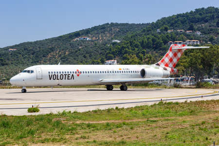 Skiathos, Greece â€“ July 31, 2019: Volotea Boeing 717 airplane at Skiathos airport (JSI) in...