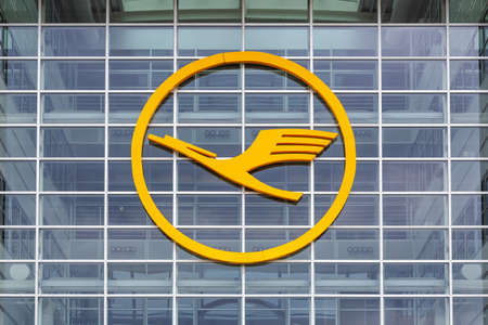 Frankfurt, Germany â€“ April 25, 2018: Lufthansa crane logo at Frankfurt airport (FRA) in...
