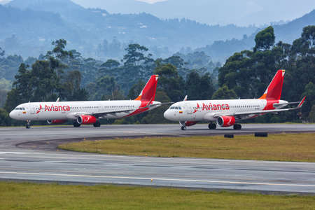 Medellin, Colombia - January 27, 2019: Avianca Airbus airplanes at Medellin Rionegro airport (MDE) in Colombia. Airbus is a European aircraft manufacturer based in Toulouse, France.のeditorial素材