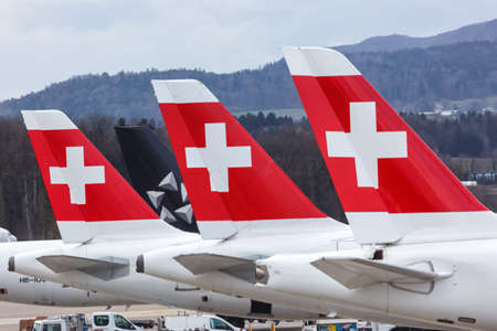 Zurich, Switzerland - February 10, 2020: Swiss Air Lines airplane tails at Zurich airport (ZRH) in Switzerland.のeditorial素材