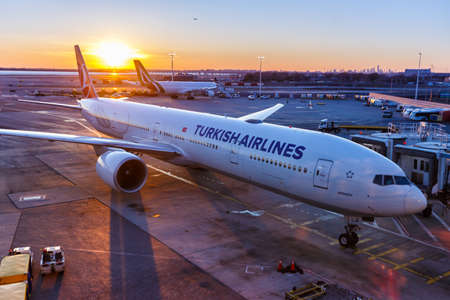 New York City, New York - March 1, 2020: Turkish Airlines Boeing 777-300ER airplane at New York JFK...