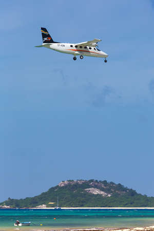 Praslin, Seychelles - February 5, 2020: Zil Air Tecnam P2012 airplane at Praslin airport (PRI) in...