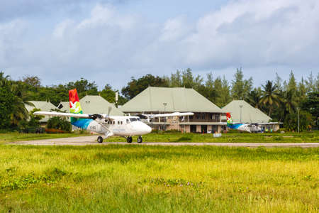 Praslin, Seychelles - February 7, 2020: Air Seychelles DHC-6-400 Twin Otter airplane at Praslin...