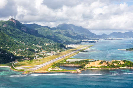 Mahe, Seychelles - February 8, 2020: Aerial view of Mahe airport (SEZ) in the Seychelles.