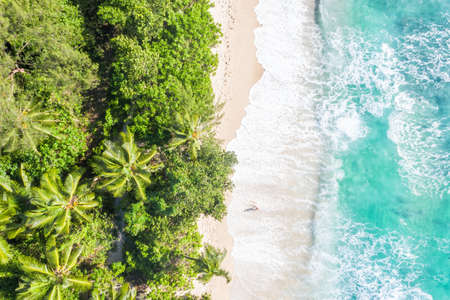 Seychelles Takamaka beach MahÃ© Mahe island nature vacation paradise ocean drone view aerial photo...