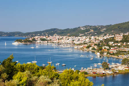 Skiathos island Greece port harbor city overview town landscape Mediterranean Sea travel travelingの写真素材