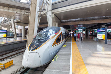 Beijing, China - September 29, 2019: High speed train Fuxing high-speed Beijing South railway...
