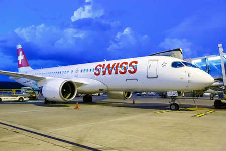 Zurich, Switzerland - July 22, 2020: Swiss Airbus A220-300 airplane at Zurich Airport in...