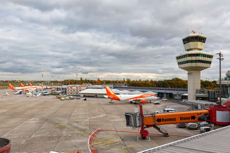 Berlin, Germany - October 27, 2020: EasyJet Airbus A320 airplanes at Berlin Tegel Airport in Germany. Airbus is a European aircraft manufacturer based in Toulouse, France.のeditorial素材
