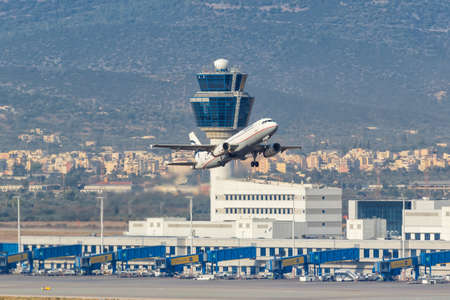 Athens, Greece - September 23, 2020: Aegean Airlines Airbus A320 airplane at Athens Airport in Greece. Airbus is a European aircraft manufacturer based in Toulouse, France.のeditorial素材