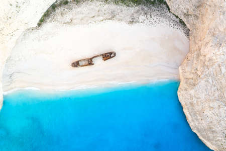 Zakynthos island Greece shipwreck Navagio beach travel vacation background drone view aerial photo photographyの写真素材