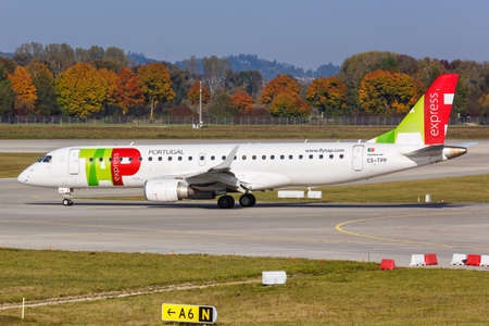 Munich, Germany - October 21, 2020: TAP Portugal Express Embraer ERJ 190 airplane at Munich Airport...