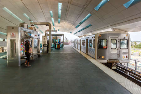 Miami, Florida - April 3, 2019: Metrorail Metro train station at Miami Airport in Florida.