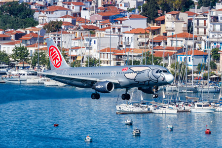 Skiathos, Greece - June 5, 2016: Niki Airbus A320 airplane at Skiathos Airport (JSI) in Greece. Airbus is a European aircraft manufacturer based in Toulouse, France.のeditorial素材