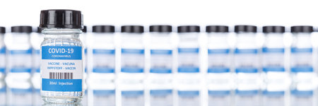 Coronavirus Vaccine bottle Corona Virus COVID-19 Covid vaccines panoramic view copyspace copy space...
