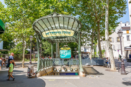Paris, France - July 23, 2019: Metro Paris Metropolitain entrance station Abbesses Art Nouveau MRT in France.のeditorial素材