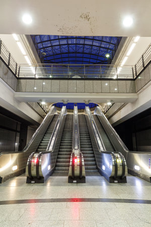 Dortmund, Germany - August 9, 2020: Dortmund Metro MRT Stadtbahn escalator Underground Station Westfalenhallen in Germany.のeditorial素材