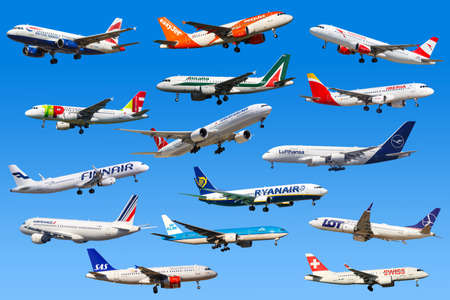 Frankfurt, Germany - April 7, 2020: Airplanes Airlines from Europe Lufthansa Ryanair Easyjet Swiss Air France.のeditorial素材