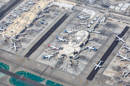 Los Angeles, California - April 14, 2019: Aerial view of Los Angeles International Airport (LAX) terminals in California.のeditorial素材