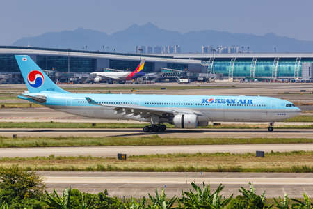Guangzhou, China - September 24, 2019: Korean Air Airbus A330-300 airplane at Guangzhou Airport...