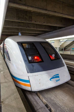 Shanghai, China - September 27, 2019: Shanghai Transrapid Maglev magnetic levitation train station portrait format infrastructure in China.のeditorial素材