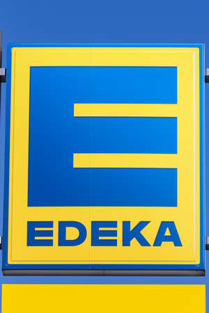 Stuttgart, Germany - May 17, 2020: Edeka logo sign supermarket food shop discounter portrait format...