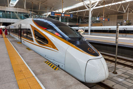 Tianjin, China - September 29, 2019: Fuxing high-speed train trains Tianjin railway station in China.のeditorial素材