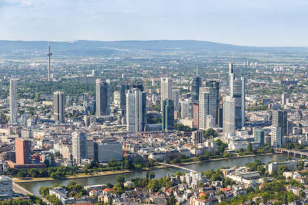Frankfurt, Germany - May 27, 2020: Skyline aerial view river Main skyscraper Commerzbank city in Germany.のeditorial素材