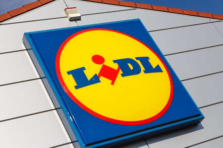 Stuttgart, Germany - May 17, 2020: Lidl logo sign supermarket discount shop discounter in Germany.のeditorial素材