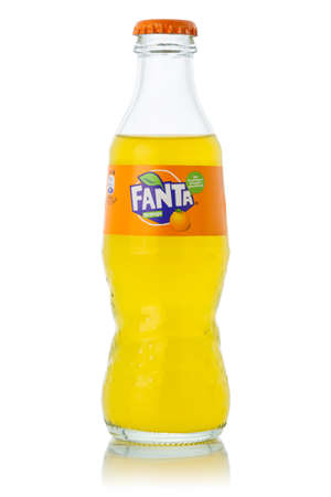 Stuttgart, Germany - January 8, 2021: Fanta orange lemonade soft drink bottle isolated on a white background in Stuttgart in Germany.のeditorial素材