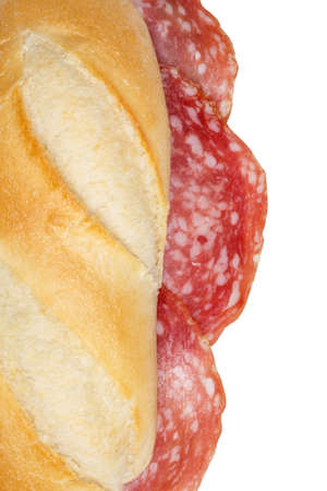 Sandwich with salami ham from above isolated on a white backgroundの写真素材
