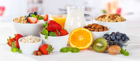 Healthy breakfast strawberry yogurt fruit bowl pot eating yoghurt food banner fruits