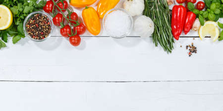 Vegetables healthy vegan clean eating organic food copyspace copy space on a wooden board bannerの写真素材