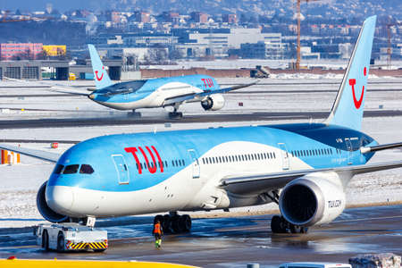 Stuttgart, Germany - February 11, 2021: TUI Boeing 787-9 Dreamliner airplanes at Stuttgart Airport (STR) in Germany. Boeing is an American aircraft manufacturer headquartered in Chicago.のeditorial素材