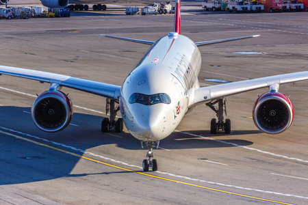 New York City, New York - February 27, 2020: Virgin Atlantic Airbus A350-1000 airplane at New York...